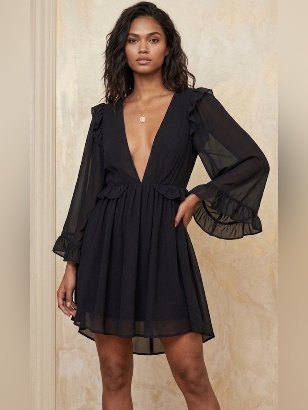Stone Cold Fox Black Chiffon Bell Sleeve Plunge Mini Dress: Size 2 (M)